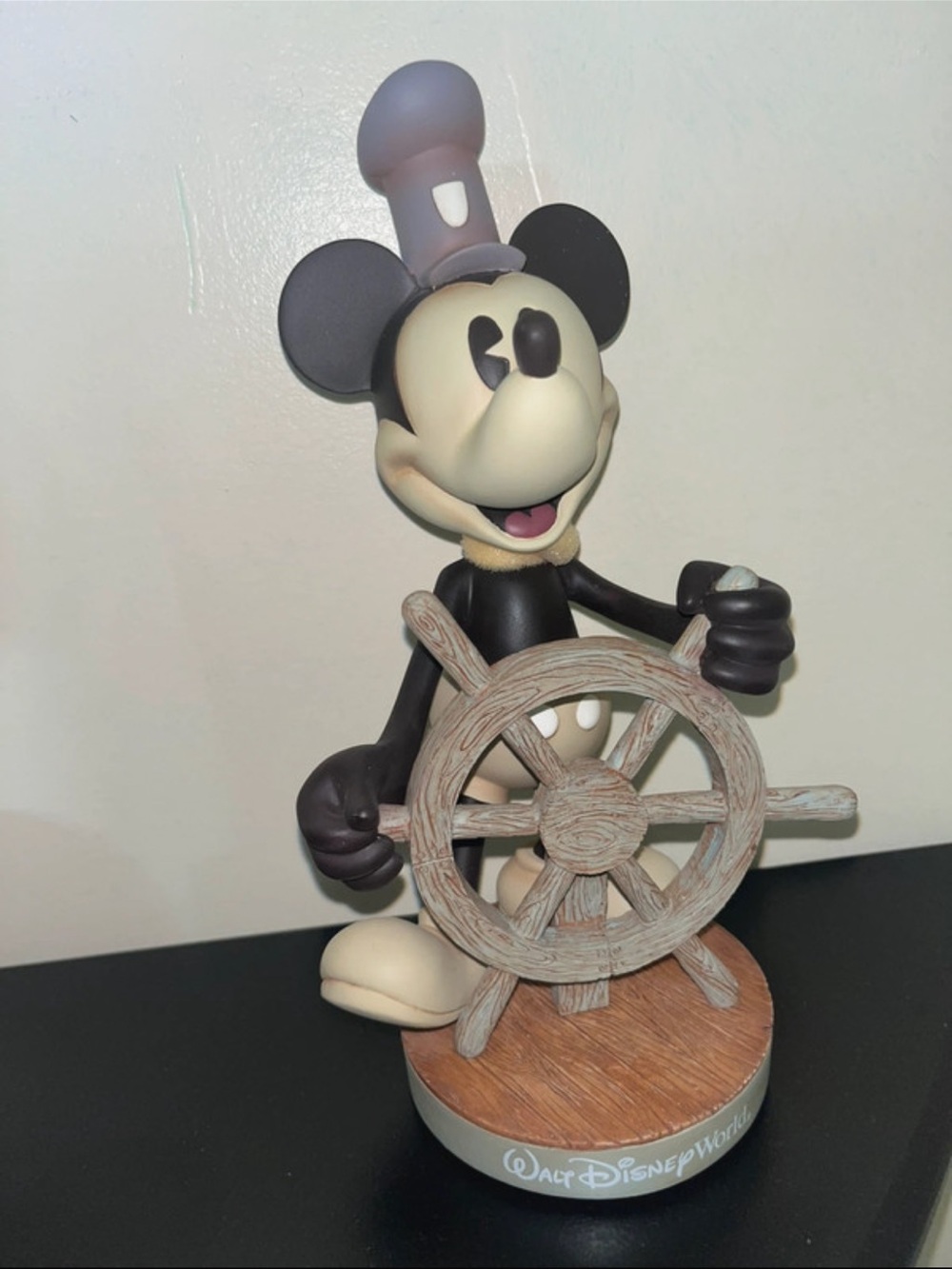 Disney Steamboat Mickey Figurine in Black and Cream with Wood-Toned Wheel